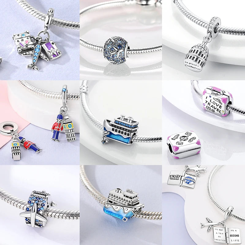 Travel Charm 925 Silver Plane Paris Tower Pendant Fit Bracelet Beads Making Woman Fashion Jewelry
