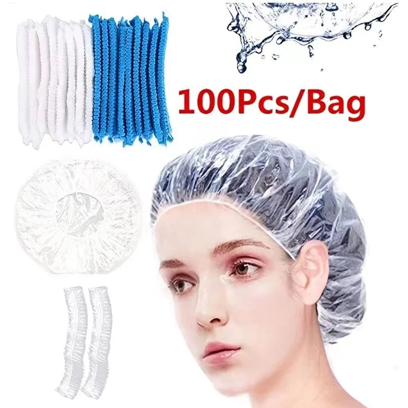 100 Pieces/set Women's Disposable Shower Cap  Plastic Waterproof Head Cover  Pink Spa Salon  Hotel Hair Dye  Elastic Hair Cap