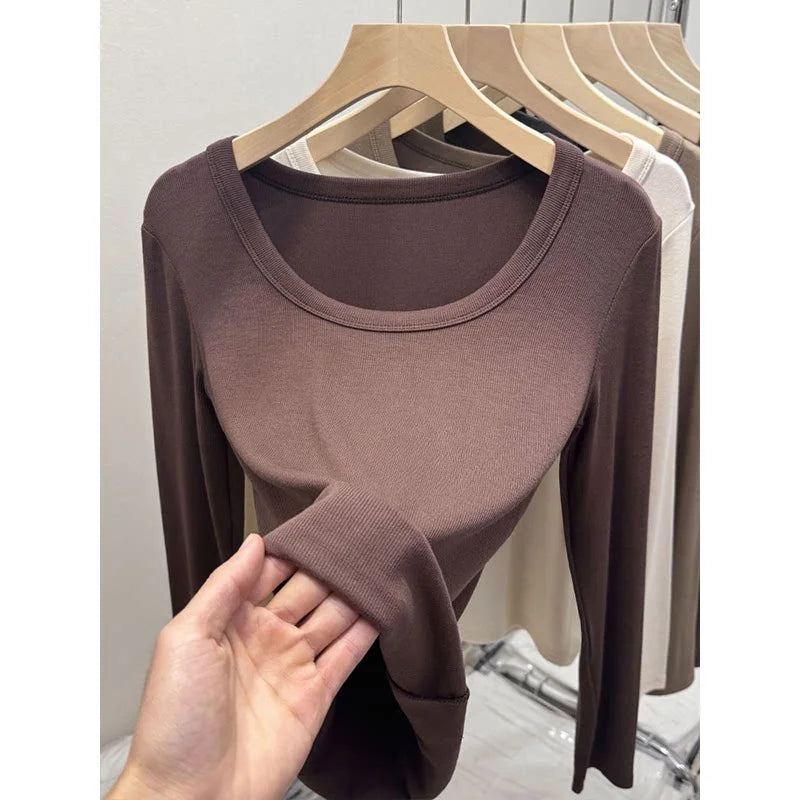 Fashionable U-Neck Long Sleeve Base Shirt Women's Slim Fit Low Collar Top T-Shirt Pure Color Commute Style Spring 2024