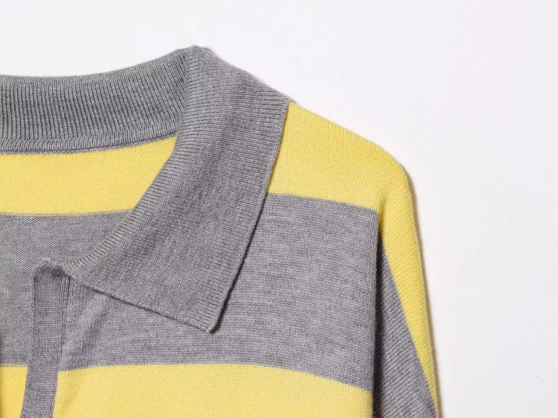 ETJ 2025 Autumn women's new line street style fashion yellow wide stripe polo neck loose version of long-sleeved sweater