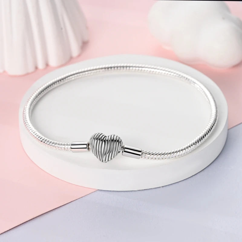 New 925 Sterling Silver Heart Shaped Zircon Snake Bone Bracelet For Women Fashion Birthday Jewelry Gift