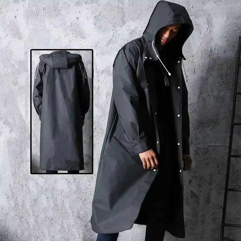 Black Fashion Waterproof Hooded Raincoat Thickened Rain Poncho for Outdoor Hiking Fishing Travel - Unisex