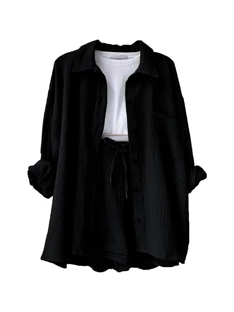 Summer Women's Suit Short Sets Outfits Muslin Suit For Women 2025 Two Piece Female Clothing Solid Button Outfits