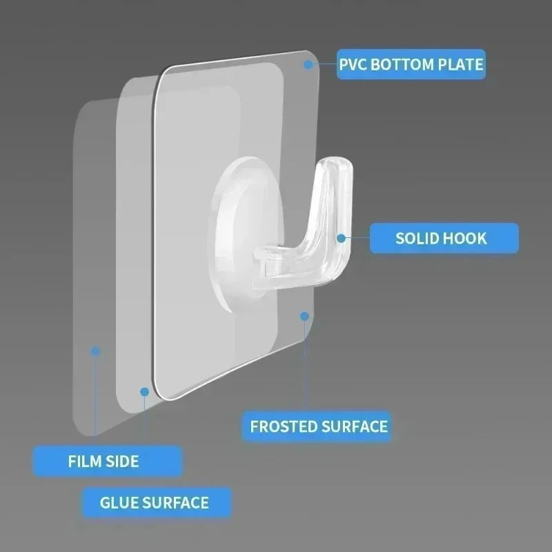 Adhesive Plastic Clear Utility Hooks Transparent Hook for The Drill-Free Wall Waterproof Key Wall Hooks.
