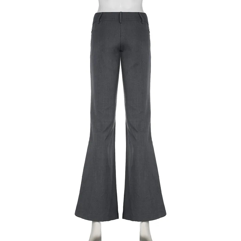 Lucyever Grey Low Waisted Flared Pants Female Y2K High Street Retro Wide Leg Trousers Fashion Slim Pocket Office Lady Suit Pants