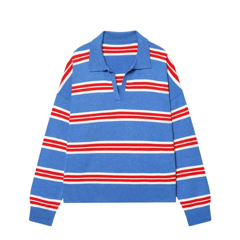 ETJ 2025 Autumn women's new line street style fashion yellow wide stripe polo neck loose version of long-sleeved sweater