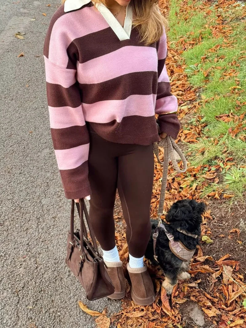 ETJ 2025 Autumn women's new line street style fashion yellow wide stripe polo neck loose version of long-sleeved sweater