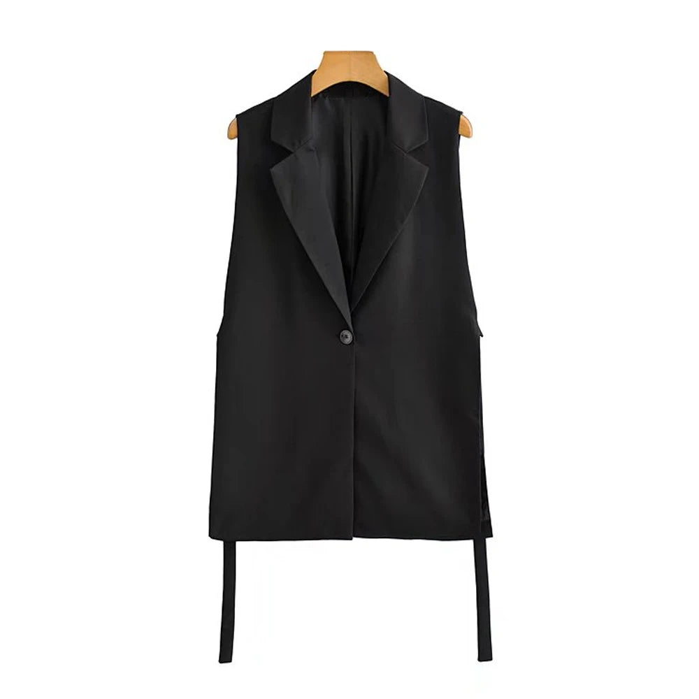 Women Fashion With Taps Side Vents Waistcoat Vintage Sleeveless Front Button Female Outerwear Chic Vest Tops