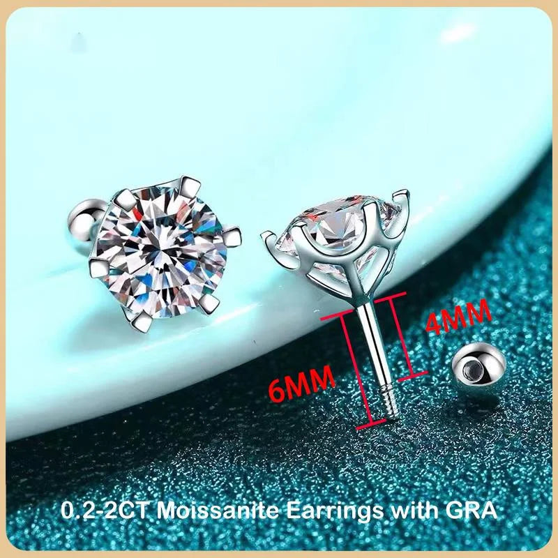 BIJOX STORY Women's Moissanite Screw Stud Earrings D Color 925 Sterling Silver 6 Prong Diamond Wedding Fine Jewelry