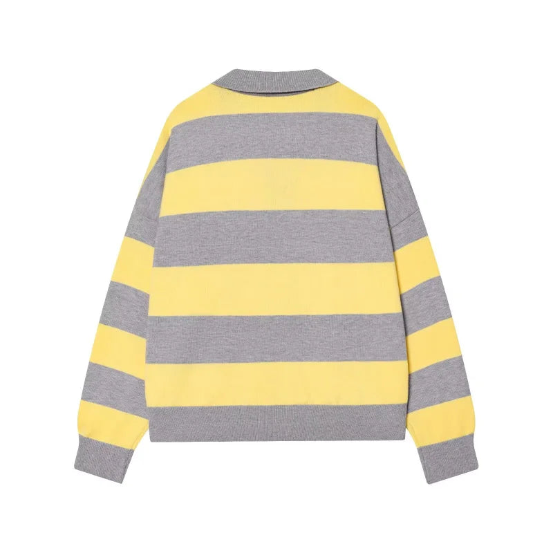 ETJ 2025 Autumn women's new line street style fashion yellow wide stripe polo neck loose version of long-sleeved sweater