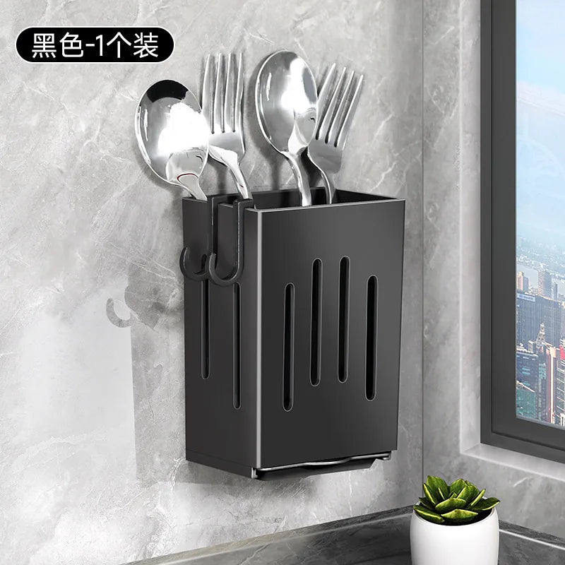 Kitchen Sink Utensil Caddy, Wall Mounted Chopstick Storage Rack with Drain Tray and Hooks, No Drilling Required