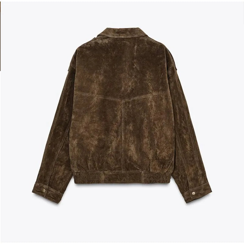 Brown Suede Jacket For Women Fashion Lapel Zipper Long Sleeve Pockets Motorcycle Bomber Coat 2025 New Spring Lady Loose Outwears