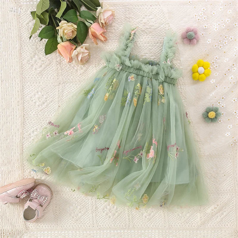 Summer New Princess Style Baby Girl Dress, Sweet Green Floral Chiffon Children'S Clothing (6 Months -5 Years Old)