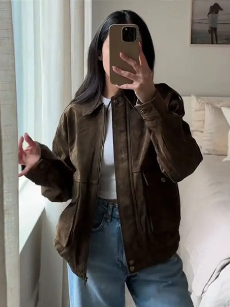 Brown Suede Jacket For Women Fashion Lapel Zipper Long Sleeve Pockets Motorcycle Bomber Coat 2025 New Spring Lady Loose Outwears