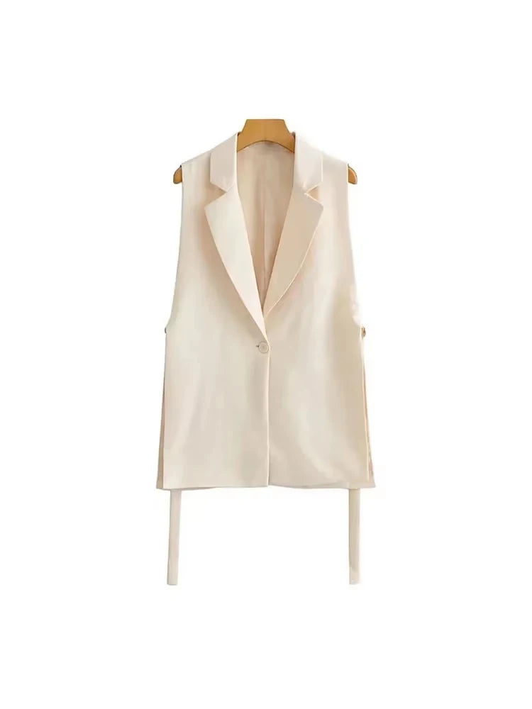 Women Fashion With Taps Side Vents Waistcoat Vintage Sleeveless Front Button Female Outerwear Chic Vest Tops