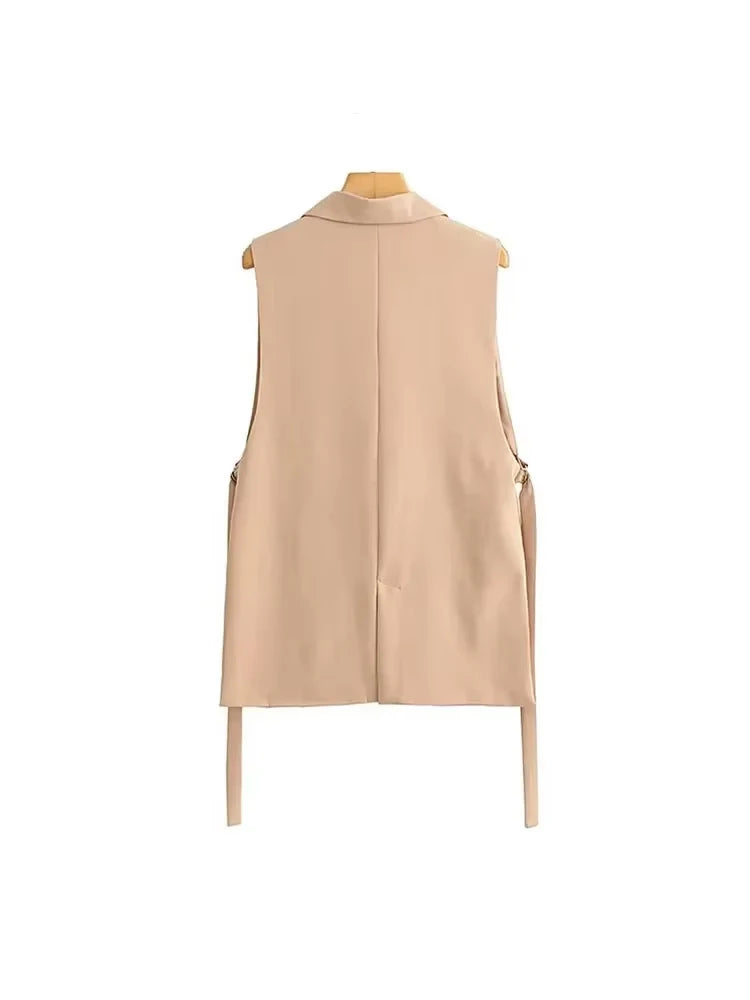 Women Fashion With Taps Side Vents Waistcoat Vintage Sleeveless Front Button Female Outerwear Chic Vest Tops