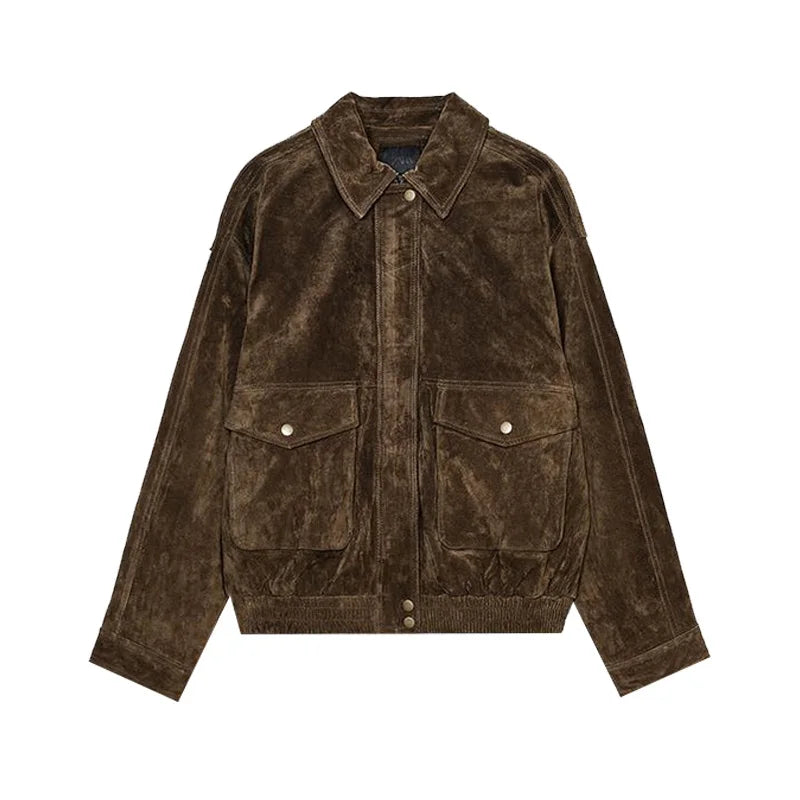 Brown Suede Jacket For Women Fashion Lapel Zipper Long Sleeve Pockets Motorcycle Bomber Coat 2025 New Spring Lady Loose Outwears