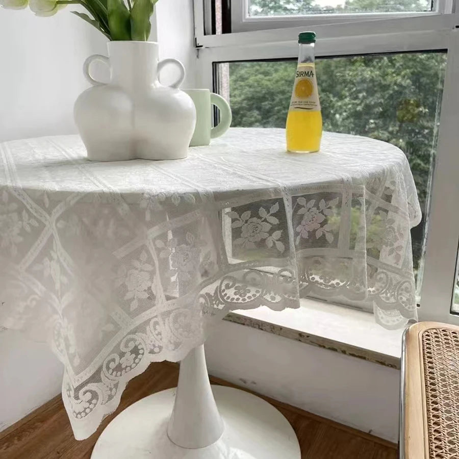 One Antique Embroidered Lace Tablecloth - Solid Color Elegant Flower Cut Process Polyester Square Tablecloth, 100% Polyester