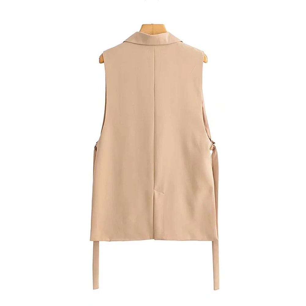 Women Fashion With Taps Side Vents Waistcoat Vintage Sleeveless Front Button Female Outerwear Chic Vest Tops