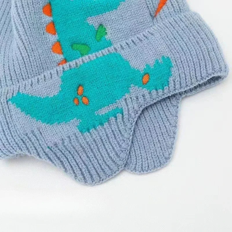 Winter Warm Baby Ear Protection Hat 3D Dinosaur Kids Earmuffs Cap Cartoon Toddler Woolen Knitted Hats 2-6 Years Children Beanies