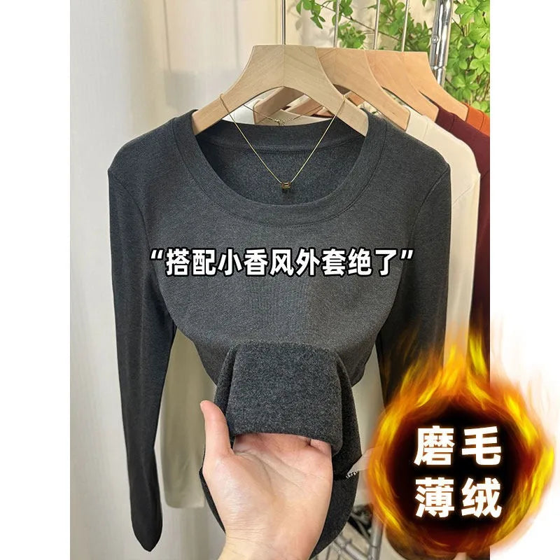 Fashionable U-Neck Long Sleeve Base Shirt Women's Slim Fit Low Collar Top T-Shirt Pure Color Commute Style Spring 2024