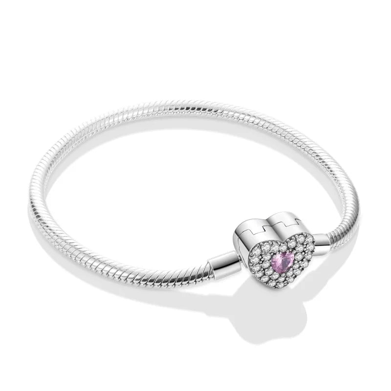 New 925 Sterling Silver Heart Shaped Zircon Snake Bone Bracelet For Women Fashion Birthday Jewelry Gift