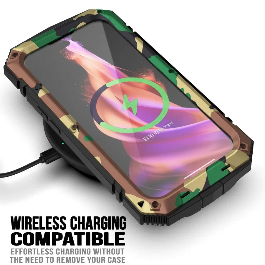 Camouflage Aluminum Metal Armor Phone Case For iPhone 13 Pro Max With Screen Tempered Glass Heavy Duty Outdoor Shockproof Cover