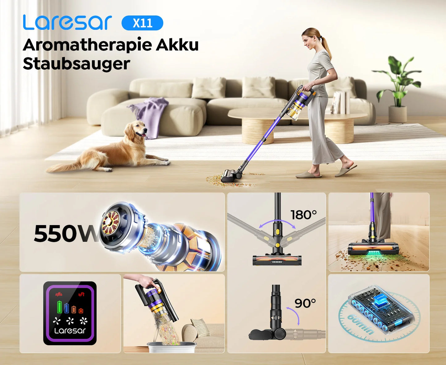 Laresar X11 Wireless vacuum cleaner 550W 55000PA Suction Makes Handheld Smart Home Dust mug 60 Minutes Running Time 3 PCs Filte Set