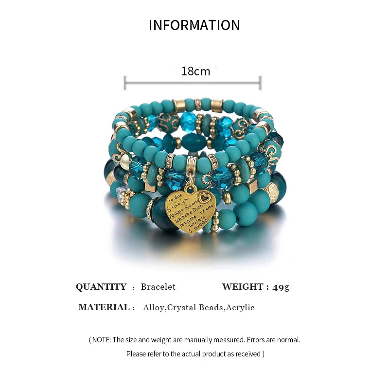 4pcs/set Boho Strand Bracelets For Women Crystal Beads Bracelets Heart Letter Elastic Bangles Wristband Yoga Jewelry Gifts K-