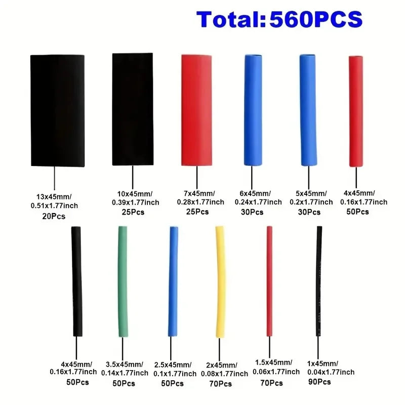 164/560pcs Polyolefin Heat Shrink Tubing Set 2:1 Shrink Ratio for Wires Cables Multicolor Sleeves
