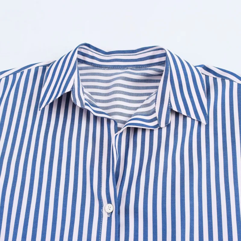 ETJ 2025 women's spring new Europe-American fashion striped long sleeve lapel loose version poplin shirt multi-color selection