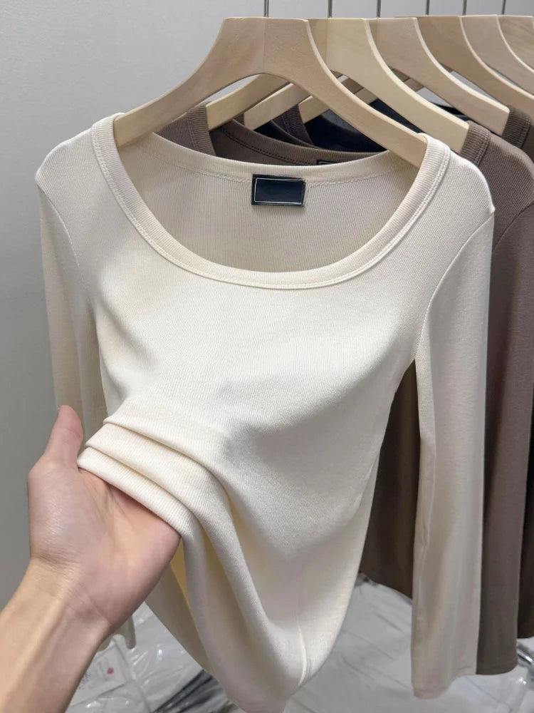 Fashionable U-Neck Long Sleeve Base Shirt Women's Slim Fit Low Collar Top T-Shirt Pure Color Commute Style Spring 2024