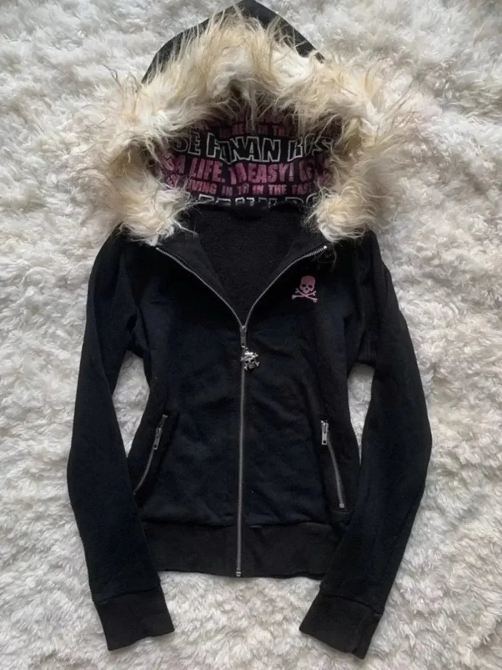 Y2K Black Fur Collar Zipper Sweatshirt Hoodie Sexy Women Sweatshirt Harajuku Goth Letter Graphic Print Slim Coat Winter Clothes