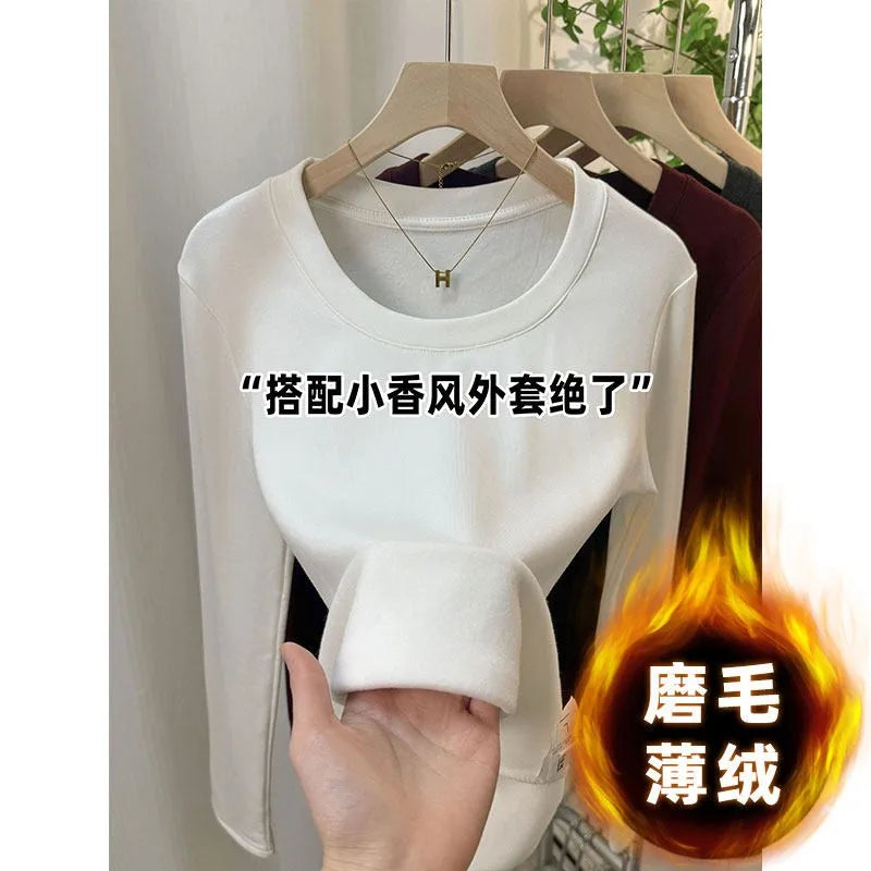 Fashionable U-Neck Long Sleeve Base Shirt Women's Slim Fit Low Collar Top T-Shirt Pure Color Commute Style Spring 2024