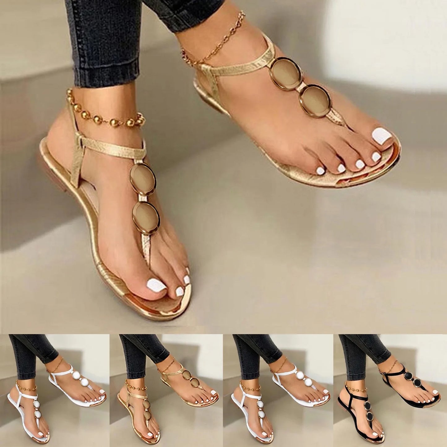 Summer Sandals Women Fashion Casual Beach Outdoor Flip Flop Sandals Metal Decoration Ladies Flat Roman Shoes Plus Size Sandals