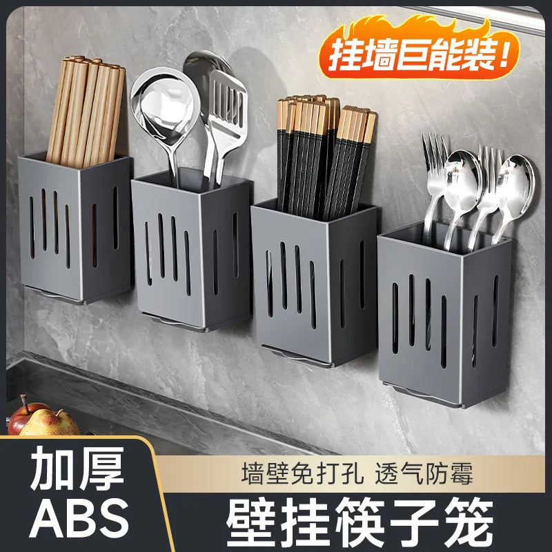 Kitchen Sink Utensil Caddy, Wall Mounted Chopstick Storage Rack with Drain Tray and Hooks, No Drilling Required