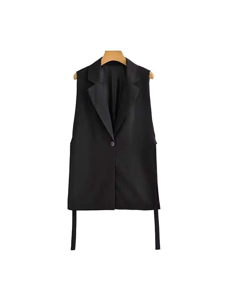 Women Fashion With Taps Side Vents Waistcoat Vintage Sleeveless Front Button Female Outerwear Chic Vest Tops