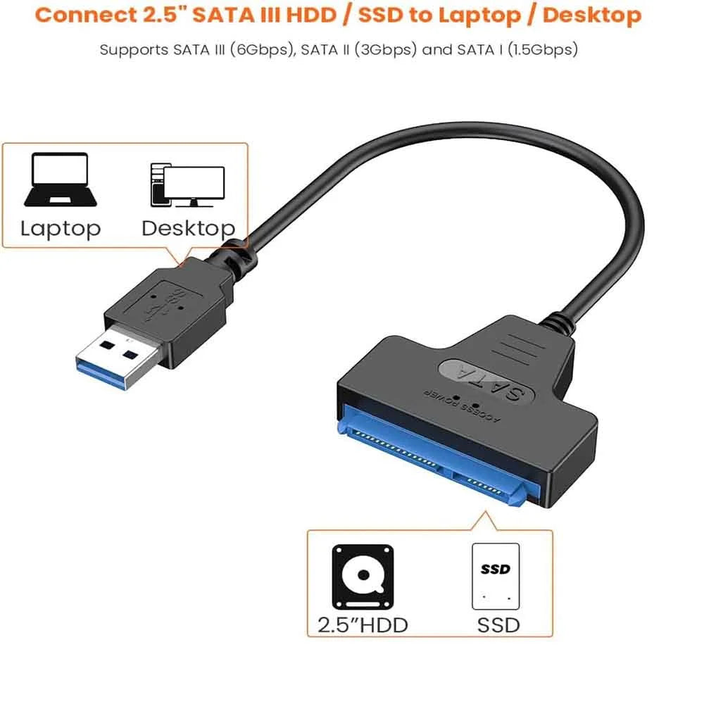 For 2.5 inch Hard Drive HDD/SSD Data Transfer SATA to USB 3.0 Adapter Cable, External Hard Drive Converter Support UASP (Black)