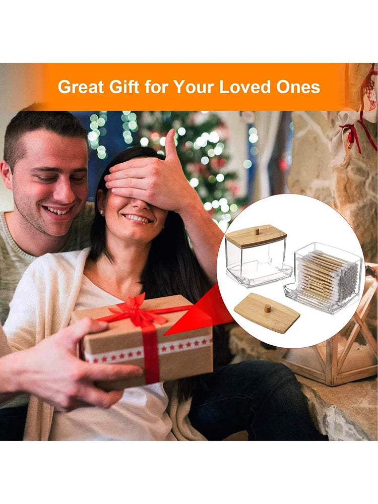 1 Household Cotton Swab Storage Tank, Acrylic Square Bamboo Cover Storage Box, Suitable For Bathroom, Bedroom, Transparent