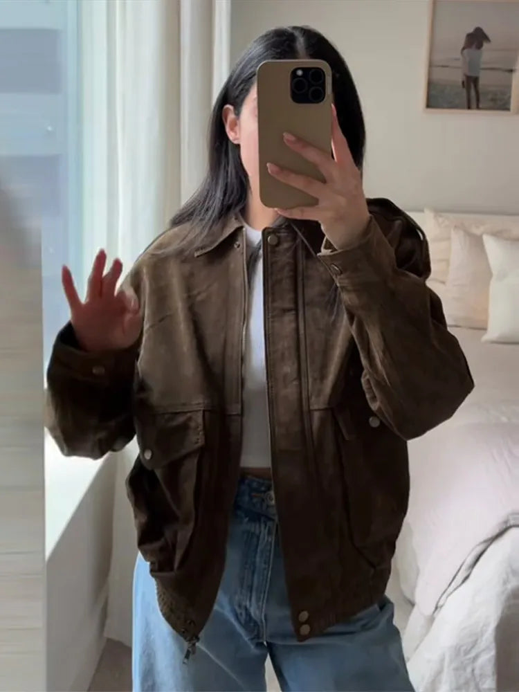 Brown Suede Jacket For Women Fashion Lapel Zipper Long Sleeve Pockets Motorcycle Bomber Coat 2025 New Spring Lady Loose Outwears