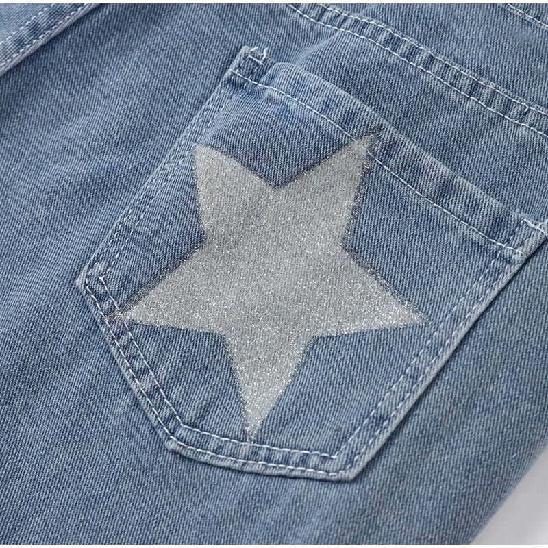 Classic Studded Denim Jeans Pant Women's Star Patchwork Baggy Pants Wide Leg  Trendy Streetwear Casual Daily Female Trousers