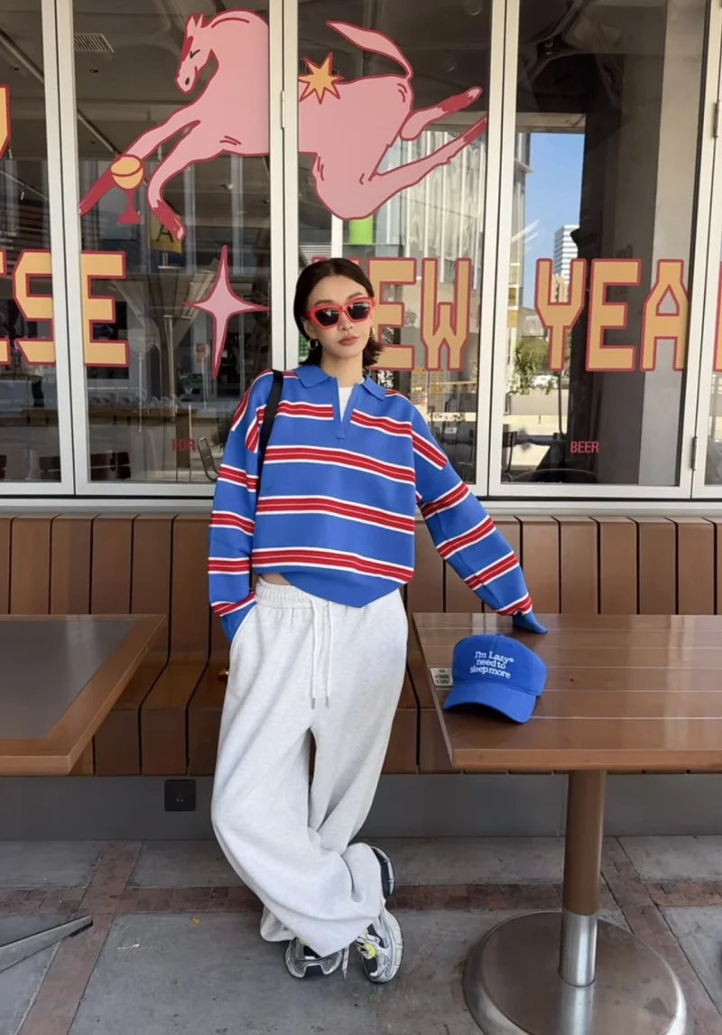 ETJ 2025 Autumn women's new line street style fashion yellow wide stripe polo neck loose version of long-sleeved sweater