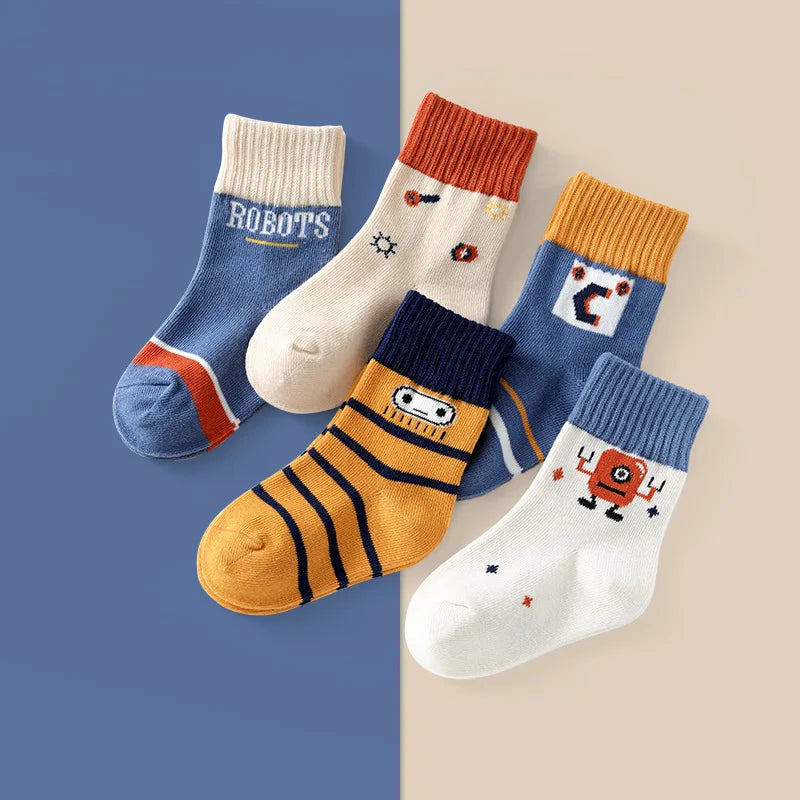 5Pairs/Lot Cartoon Kids Socks Casual Baby Boys Cotton Stripe Spring Autumn Toddler Knitted Children Socks For 1-8Years