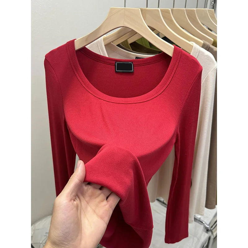 Fashionable U-Neck Long Sleeve Base Shirt Women's Slim Fit Low Collar Top T-Shirt Pure Color Commute Style Spring 2024