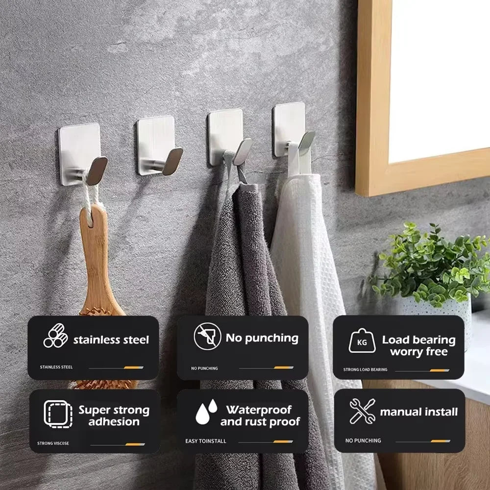 4/1pcs Stainless Steel Bathroom Robe Hooks Adhesive Wall Hook Towel holder Bathroom Kitchen Hardware Multi-Purpose Hanger Hook