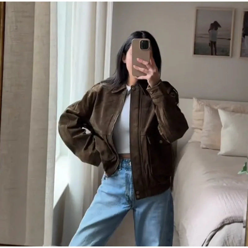 Brown Suede Jacket For Women Fashion Lapel Zipper Long Sleeve Pockets Motorcycle Bomber Coat 2025 New Spring Lady Loose Outwears