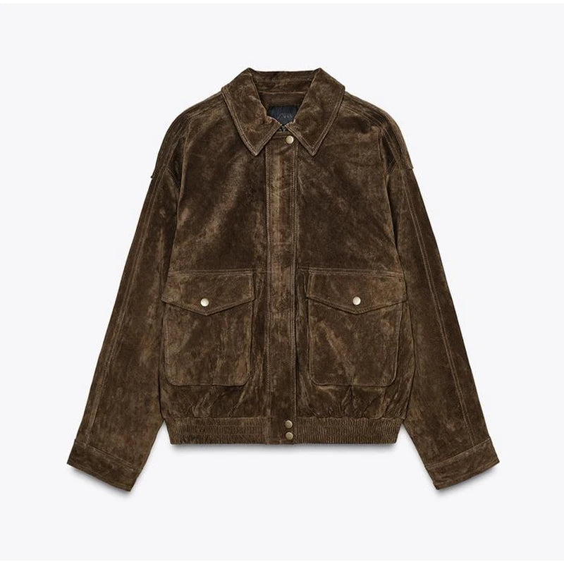 Brown Suede Jacket For Women Fashion Lapel Zipper Long Sleeve Pockets Motorcycle Bomber Coat 2025 New Spring Lady Loose Outwears