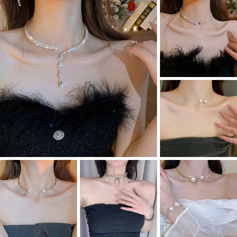 Zircon Double Layered Water Drop Heart Silver Scrap Imitation Pearl Cross Wave Open Collarbone Fine Pendant Necklaces Women K-