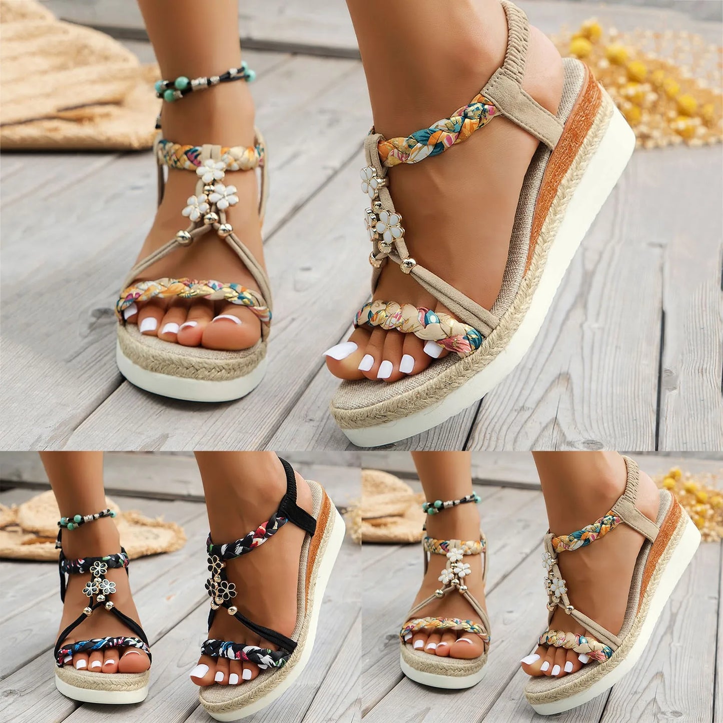Women'S New Summer Sandals Classic Wedge Thick Sole Elevated Elastic Strap Open Toe Hollow Clear Heel Sandals For Beach Vacation