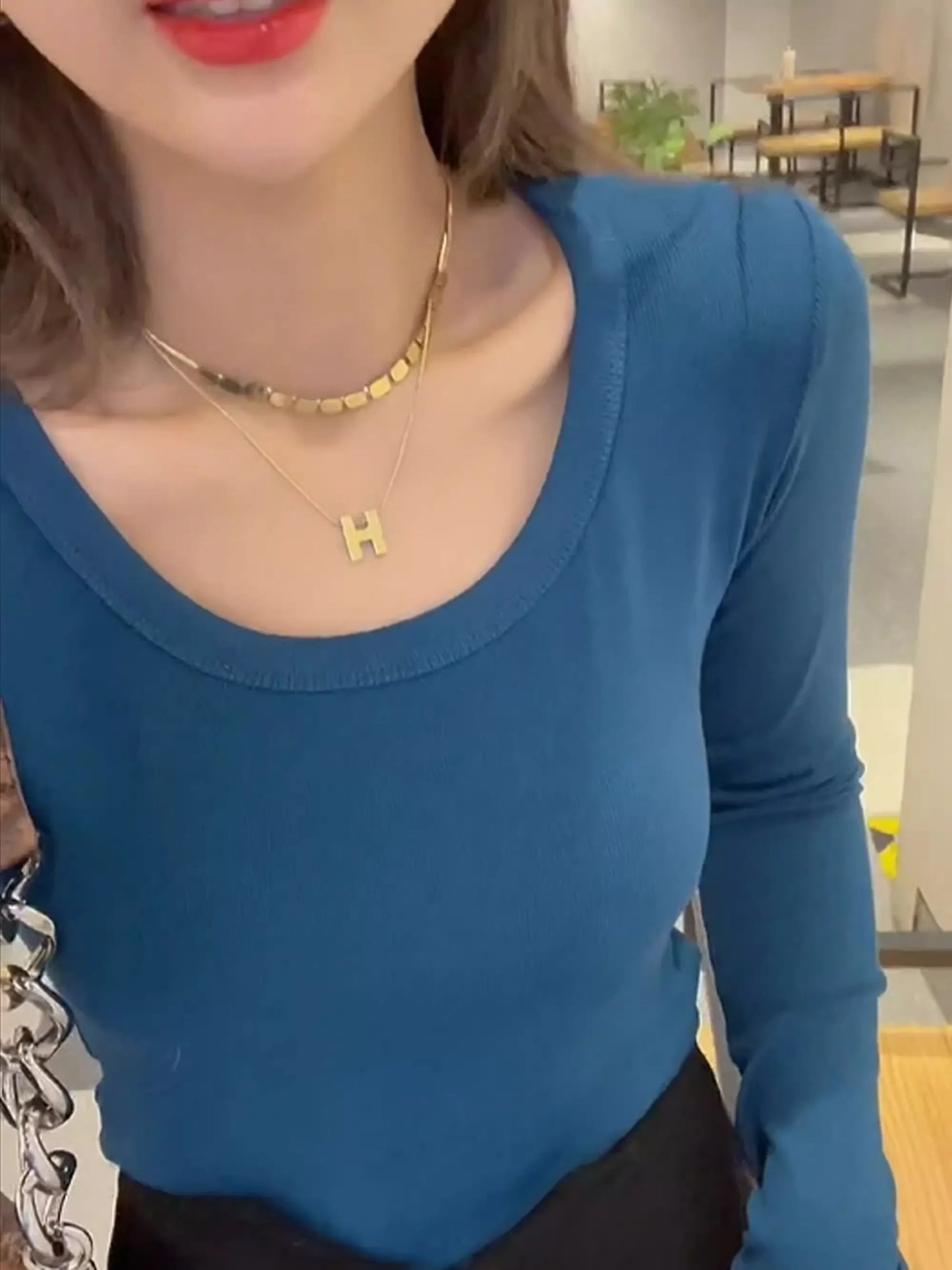 Fashionable U-Neck Long Sleeve Base Shirt Women's Slim Fit Low Collar Top T-Shirt Pure Color Commute Style Spring 2024